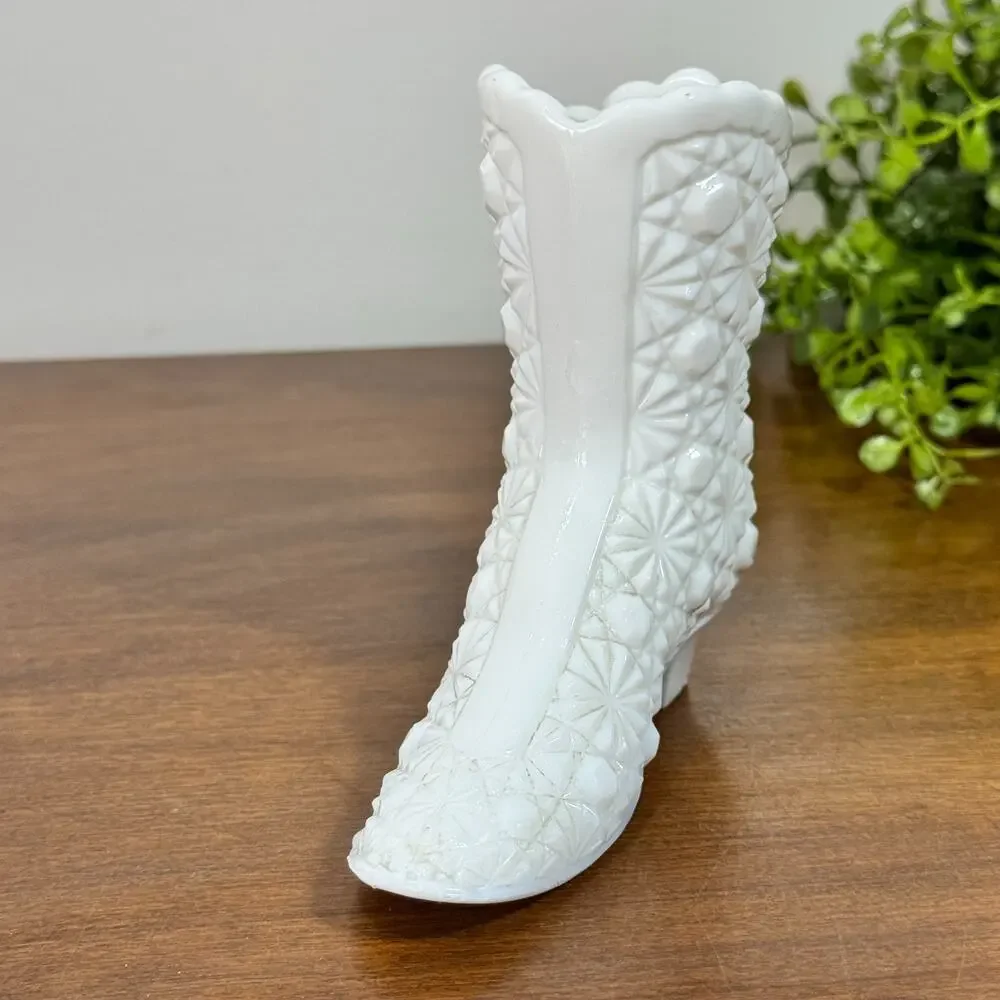 Fenton Vase White Milk Glass Boot Figurine Daisy and Button Pattern 4 